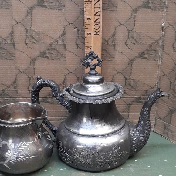 6 pc. Vintage Homan Silver plate Co tea pot, cream & sugar set, tray READ! - Picture 11 of 16